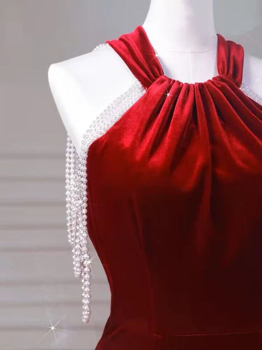 Wine Red Halter Mermaid Velvet Birthday Party Dress Prom Dress MD7656