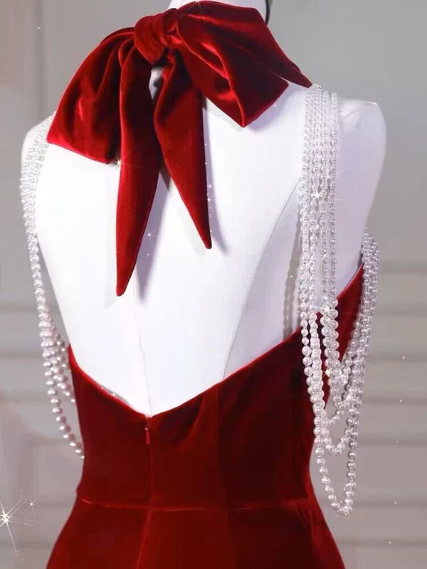 Wine Red Halter Mermaid Velvet Birthday Party Dress Prom Dress MD7656