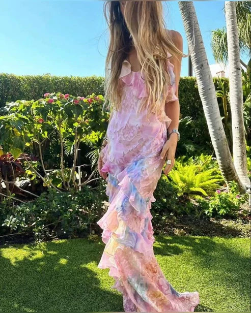 Pink Spaghetti Straps Backless Ruffles Long Prom Dress MD7730