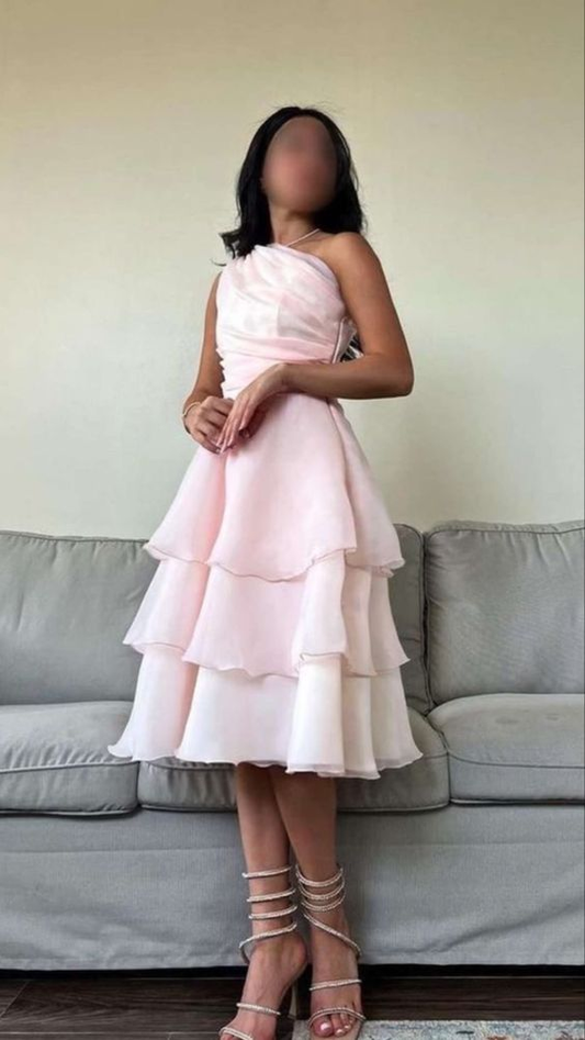 Pink One Shoulder A-Line Chiffon Layers Midi Length Party Dress, MD7949