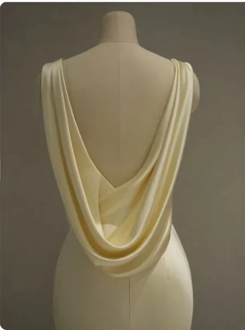 Pastel Yellow Satin Backless Mermaid Long Prom Dress, MD7993