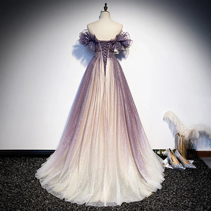 Purple Gradient Tulle Prom Dress Sparkly Off Shoulder Evening Dress MD7557