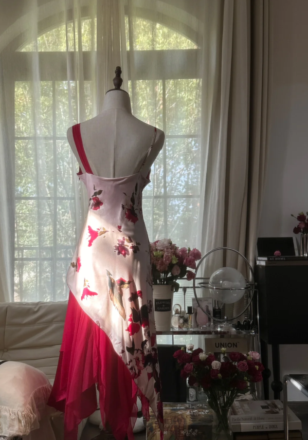 Charming Red V Neck Satin Floral Chiffon Mermaid Long Party Dress Birthday Dress D2298