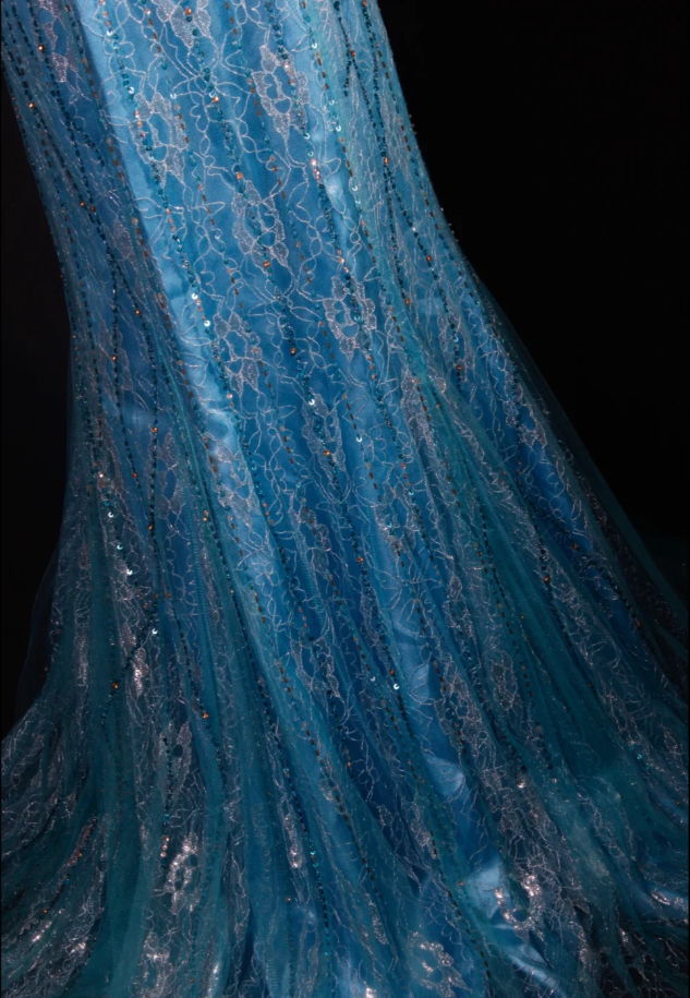Glamorous Spaghetti Straps Blue Lace Beaded Mermaid Long Evening Dress Party Gown