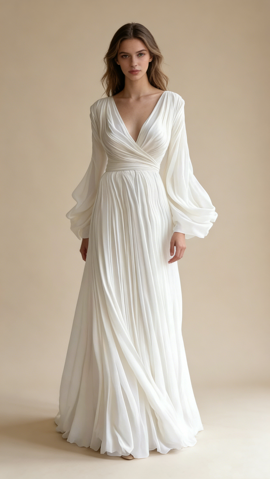 Modest White V Neck A-Line Chiffon Vintage Long Evening Party Dresses, D867
