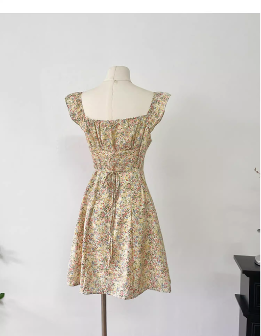 Light Yellow Floral Short Dress Vacation Dress S222