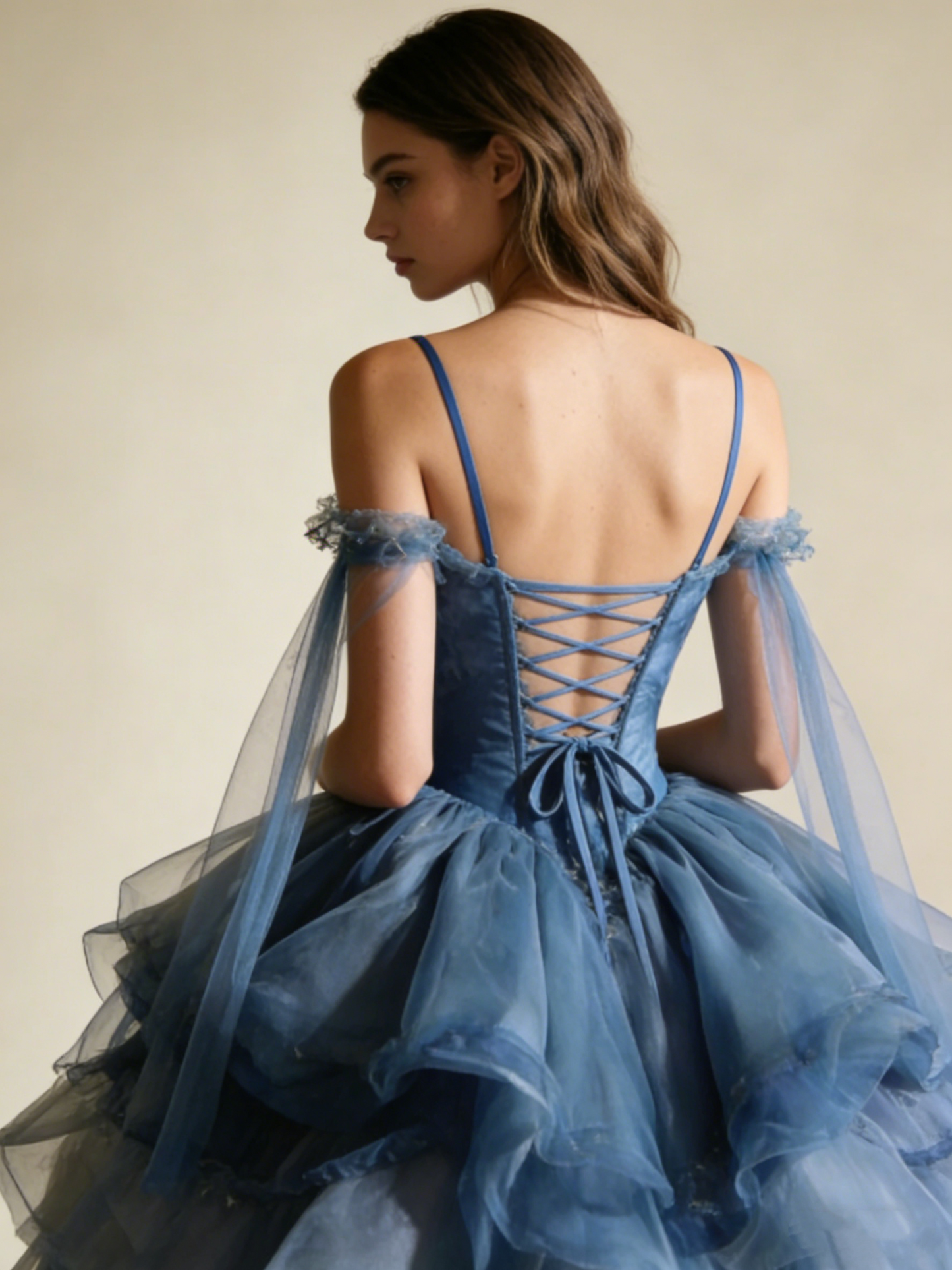 New Arrial Ball Gown Blue Spaghetti Straps Pleated Tulle Prom Dresses Quinceanera Dress Evening Gala Gown D4793