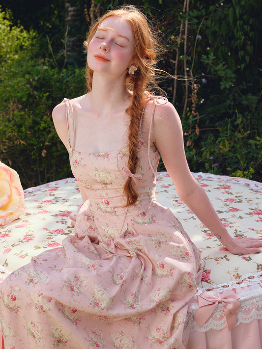 French Sweet Printed Strapless Fishbone Pink Slimming Dress R5106
