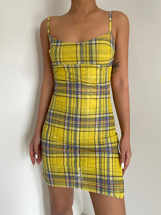 Show body American hot girl sexy yellow plaid soft a-line suspender skirt holiday dress R3033