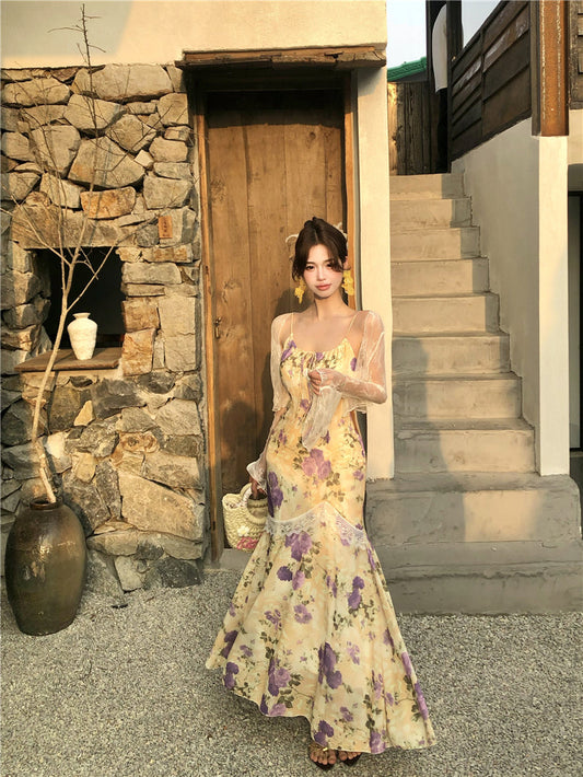 Beautiful floral fishtail suspender long dress slim hip dress R0628
