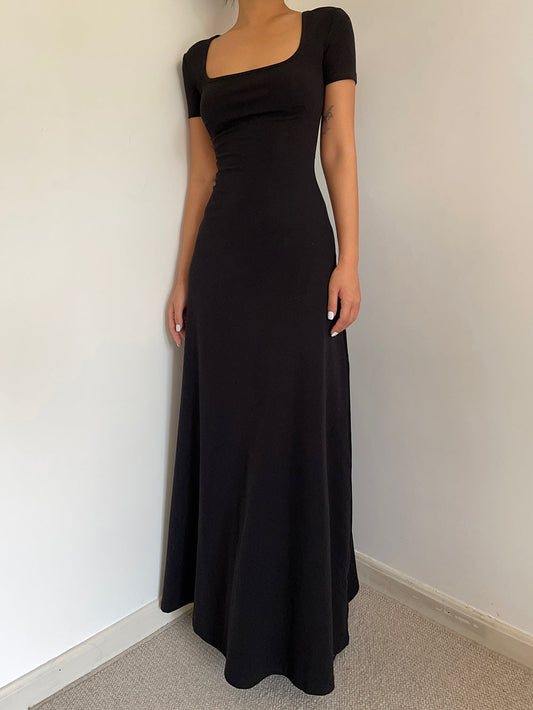 Summer French Square Neck Dress Slim Fit Short Sleeves Knee-Length Temperament Long Dress R3028
