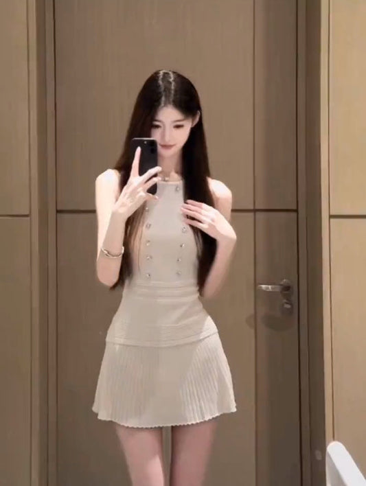 Suit outfit gentle temperament white vest pleated skirt two-piece suit R0662