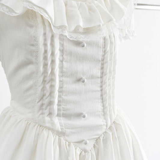 Tutu skirt new style short-sleeved heavy-duty dress slim tea break French sweet little white dress R0067