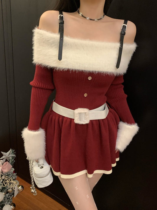 Christmas outfit red one-shoulder long-sleeved knitted New Year's battle robe suspender skirt R0022