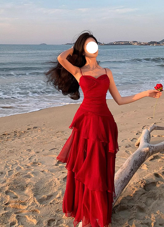 Retro red irregular ruffle sling dress 2025 new holiday temperament long dress R0042