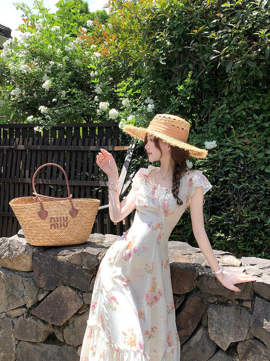 French romantic floral dress women's summer unique beautiful long dress R3870