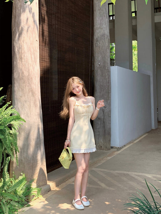Cream yellow Chanel style suspender dress beautiful summer skirt R3874