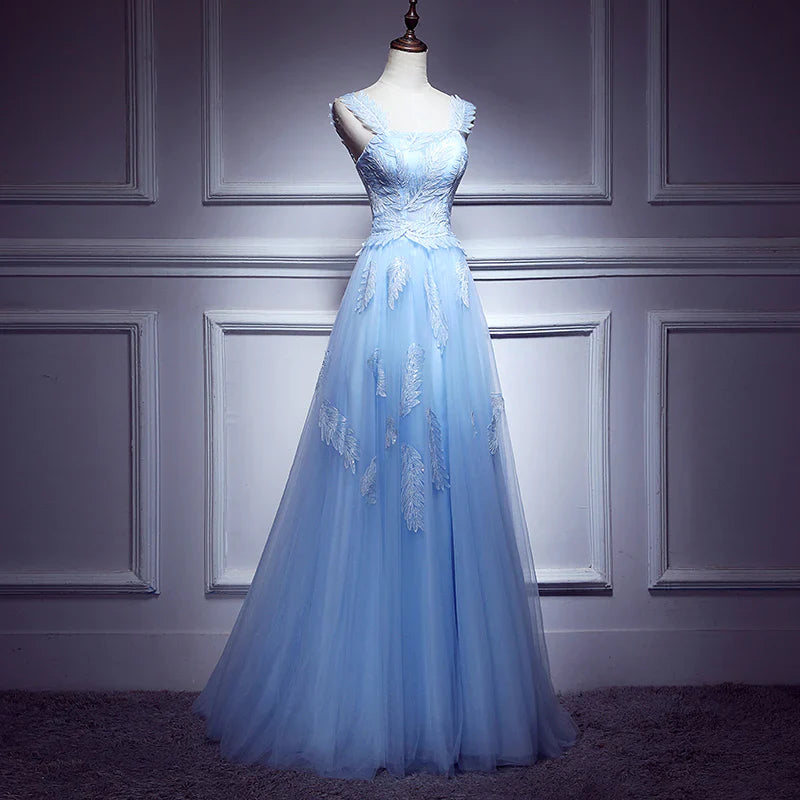 Lovely Light Blue Lace Applique Tulle Prom Dress, Blue Junior Party Dress Formal Dress S3346