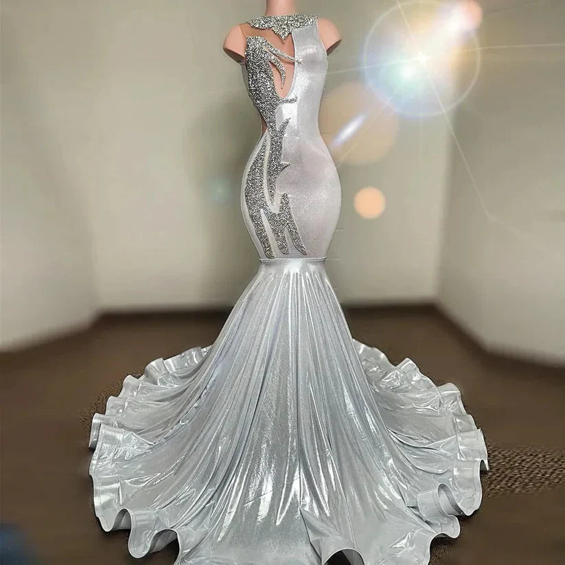 Silver Sequin Mermaid Prom Dresses For African Women With Beading Evening Gowns S3052