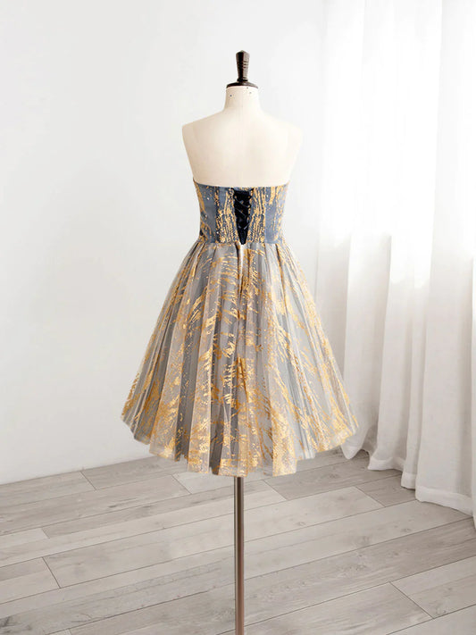 A-Line Gold/Blue Lace Short Prom Dress, Cute Homecoming Dress with Beading S3201