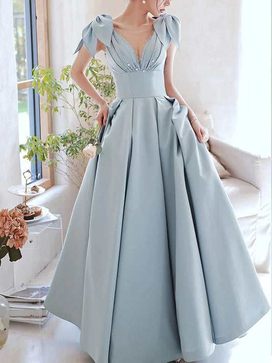 blue v neck satin beads long prom dress, blue evening dress fg2249