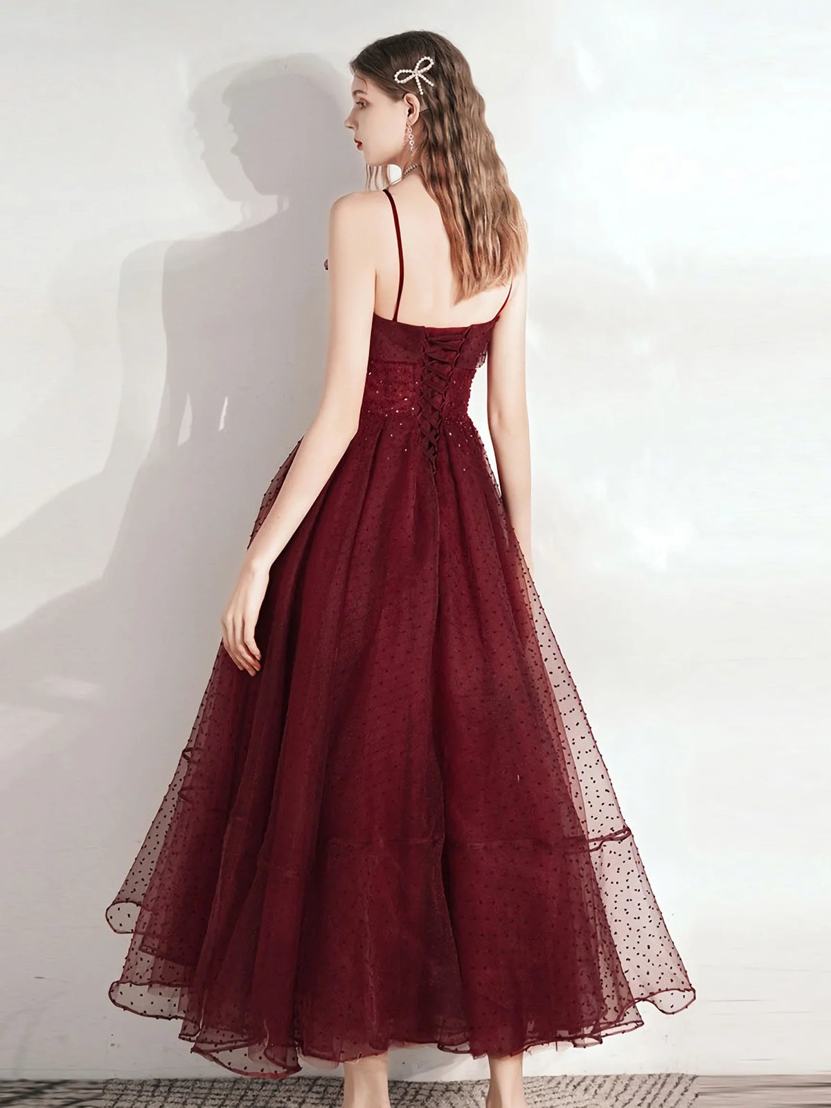 Burgundy sweetheart tulle lace tea length prom dress, formal dresses, evening dress S2949