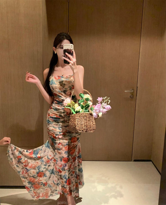 Retro floral suspender dress beautiful waist hip skirt R0657