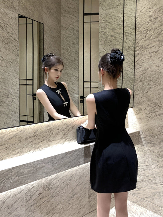 Temperament little black dress bow vest dress waist A-line small dress R0536