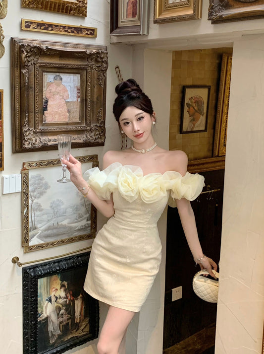 Temperament flower one-shoulder dress niche design banquet small dress R0797