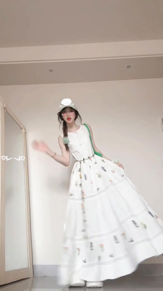 Sleeveless vest floral dress gentle temperament waist A-line long skirt R0709