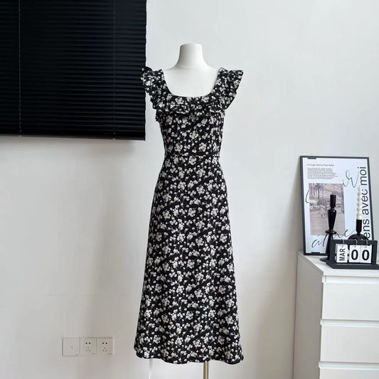 Tea break dress 2025 new dating rose island floral black dress medium-length ruffled skirt R0179