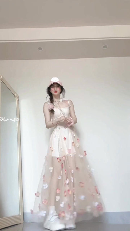 Flower suspender dress gentle temperament beautiful waist A-line long skirt R0661