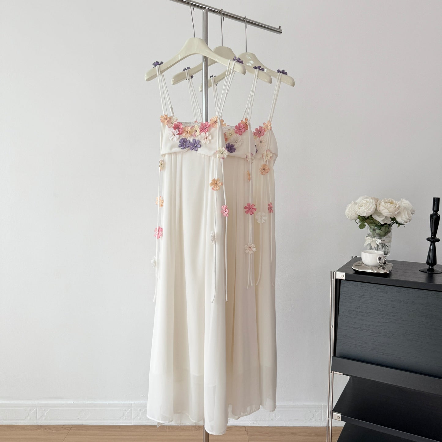 Cute A Line Spaghetti Straps Floral White Chiffon Summer Dress Holiday Party Outfits For Girls DP0130