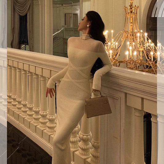Knitted long-sleeved dress for women new style gentle long dress S5577