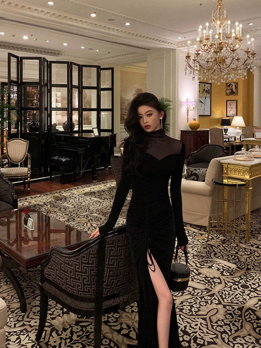 Black mesh splicing dress evening dress S5503