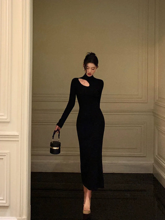 Black high neck knitted dress women evening dress S5505