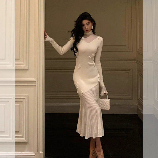 High neck white knitted dress for women handmade flowers party dress S5517