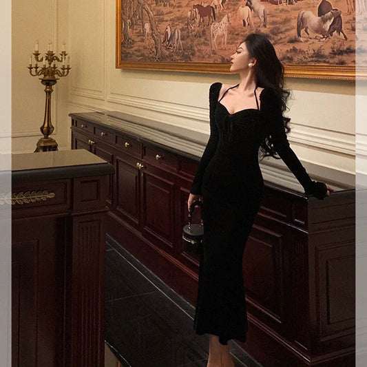 Black halter neck velvet dress new party dress S5586