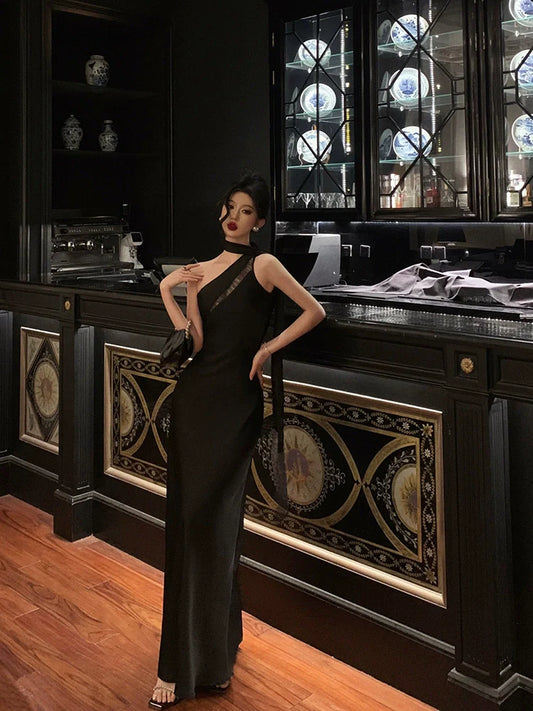 Black one-shoulder ribbon dress women evening party dress S5508