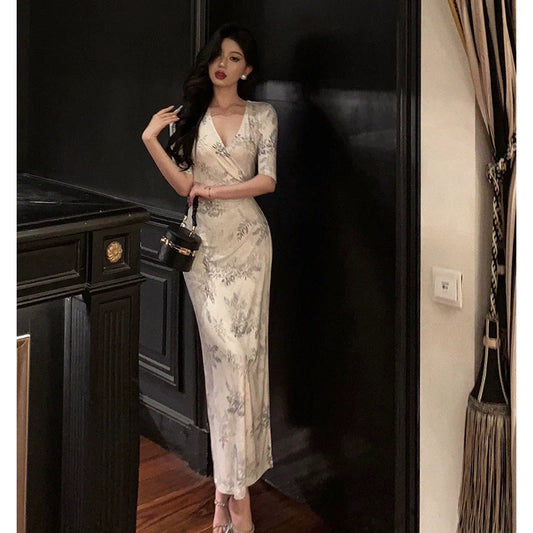 Gentle style V-neck printed dress for women evening dress S5502