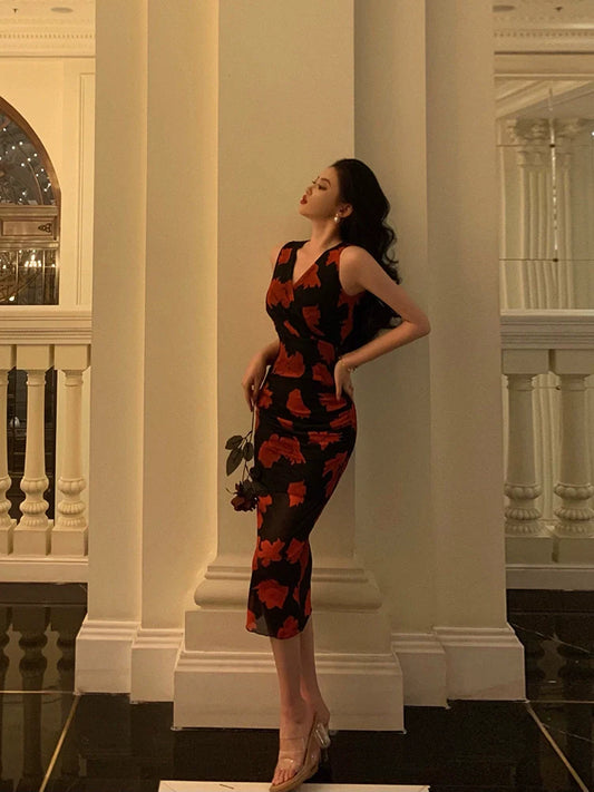 Retro sleeveless dress for women new elegant printed long dress S5581