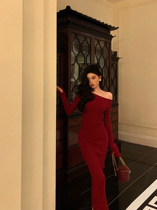 Red off-shoulder evening dress party dress S5569
