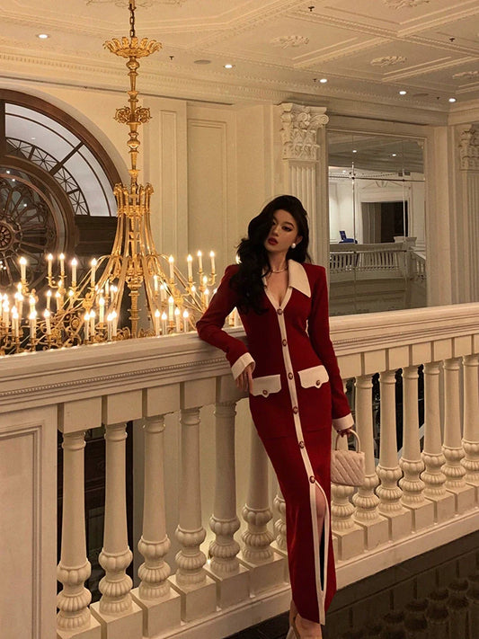 Red long knitted coat for women winter new cardigan S5530
