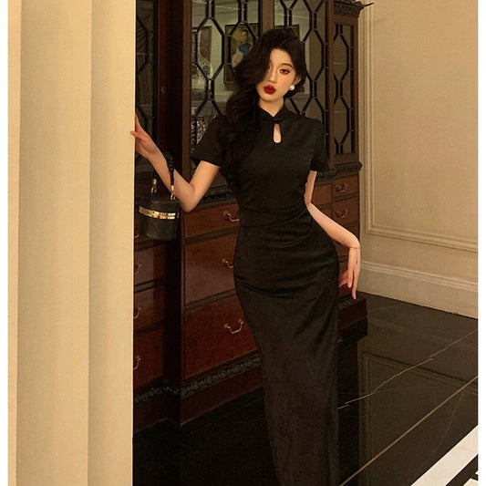 Black cheongsam dress for women new style jacquard satin party dress S5589