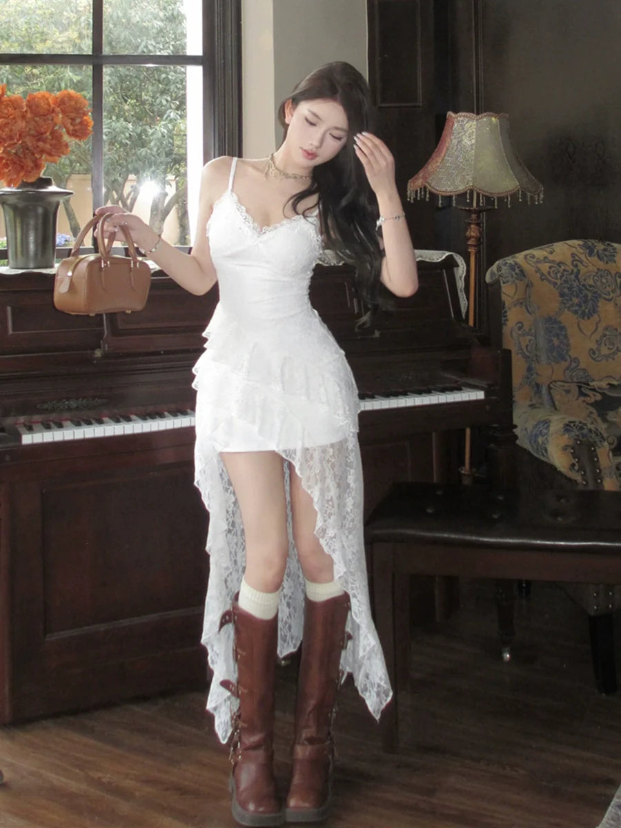 Lace V-neck dress for women irregular white beautiful mid-length party dress S5909