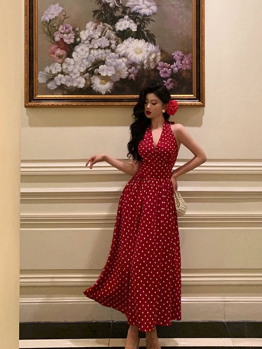 Hong Kong style halter neck polka dot dress new retro long dress party dress S5540