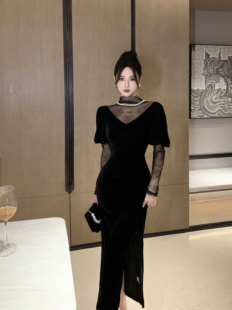 Black luxury dress velvet dress S5834