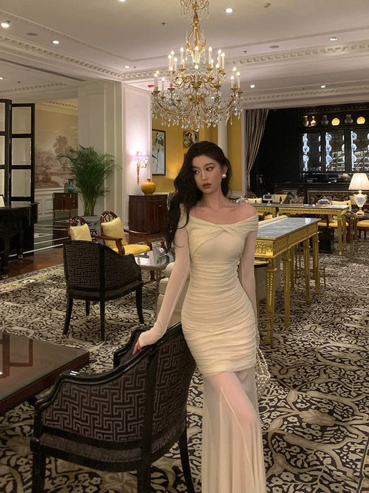 Gentle style long-sleeved dress for women new style off-shoulder long dress S5543