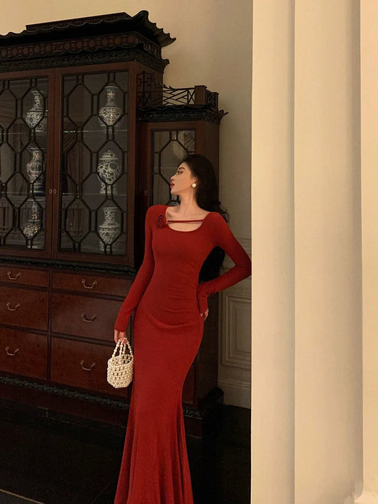 Red mermaid dress new style flower long party dress S5590