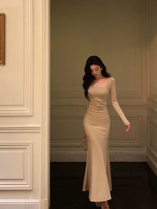 Gentle square neck long-sleeved dress party dress S5566